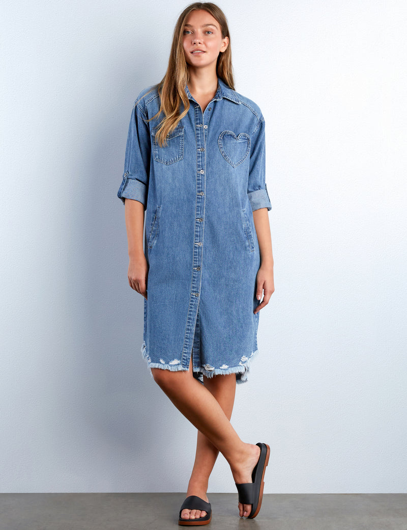 Heart Pocket Denim Shirtdress