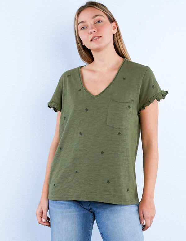 Black Star Embroidery V Neck Ruffle Tee