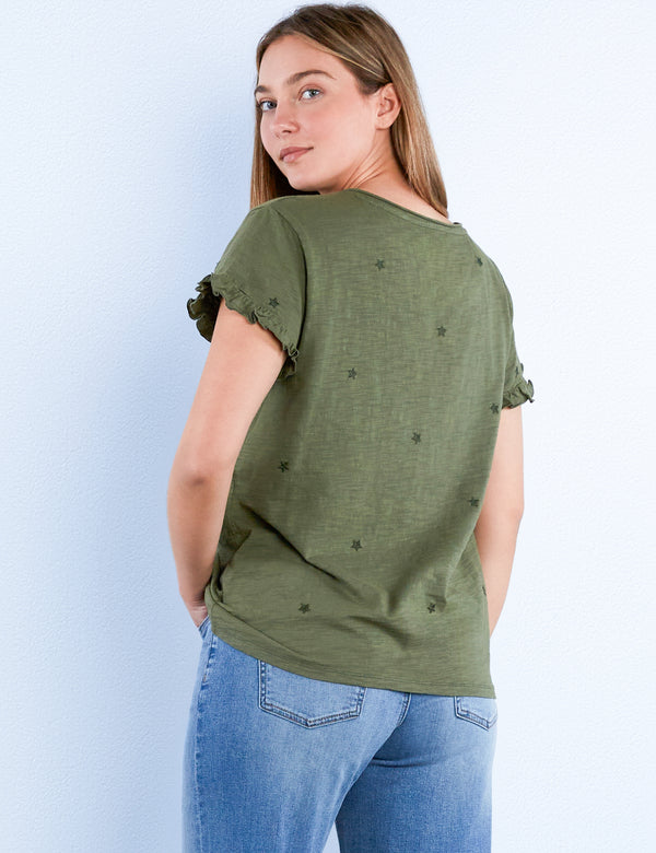 Black Star Embroidery V Neck Ruffle Tee