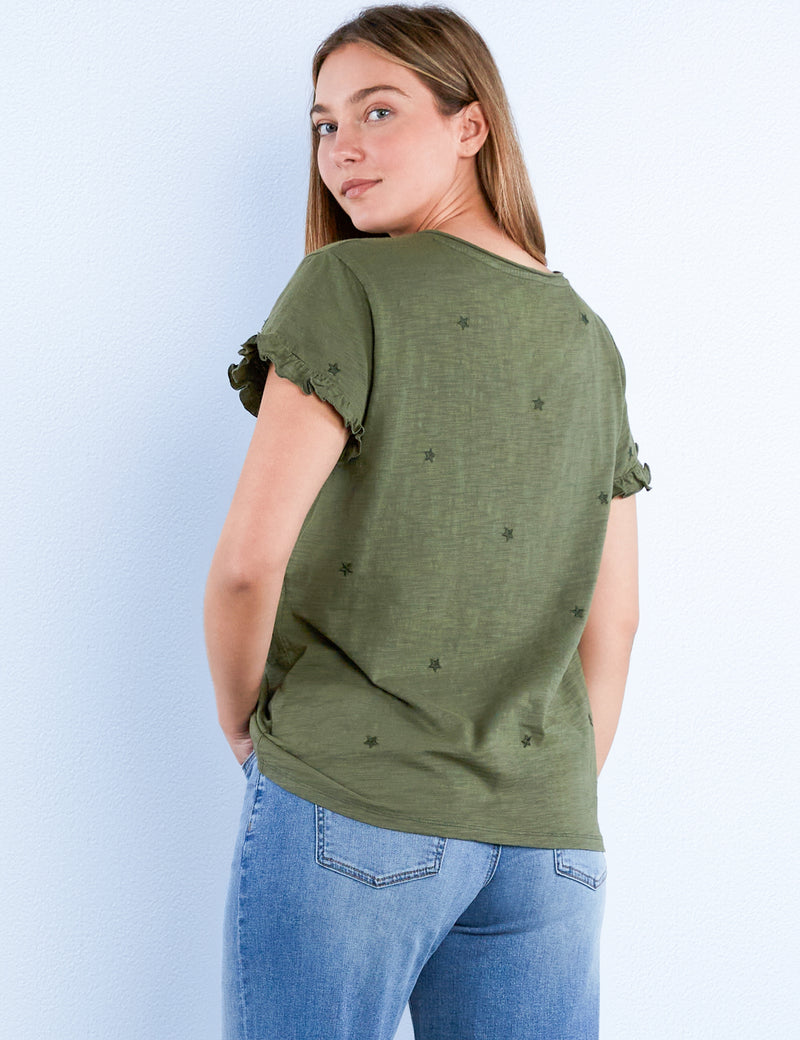 Black Star Embroidery V Neck Ruffle Tee