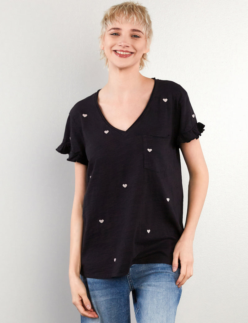 Hearts Embroidery Ruffle V Neck Tee