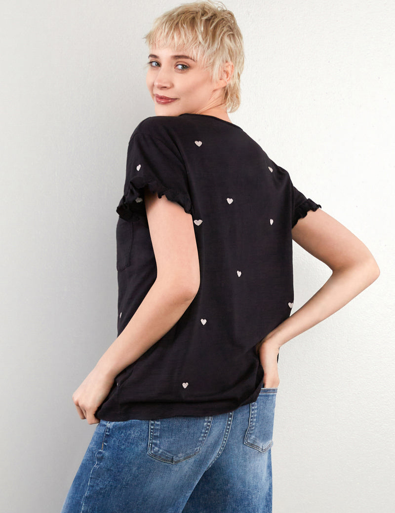Hearts Embroidery Ruffle V Neck Tee