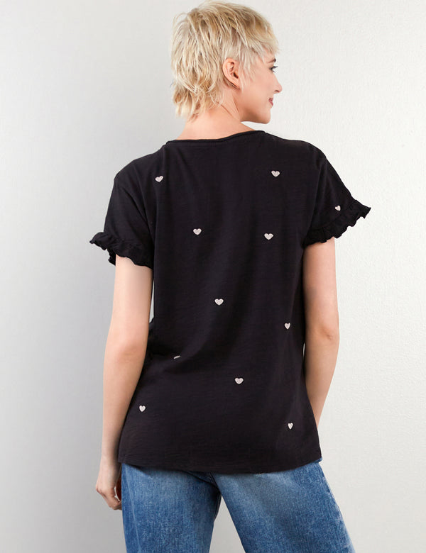 Hearts Embroidery Ruffle V Neck Tee