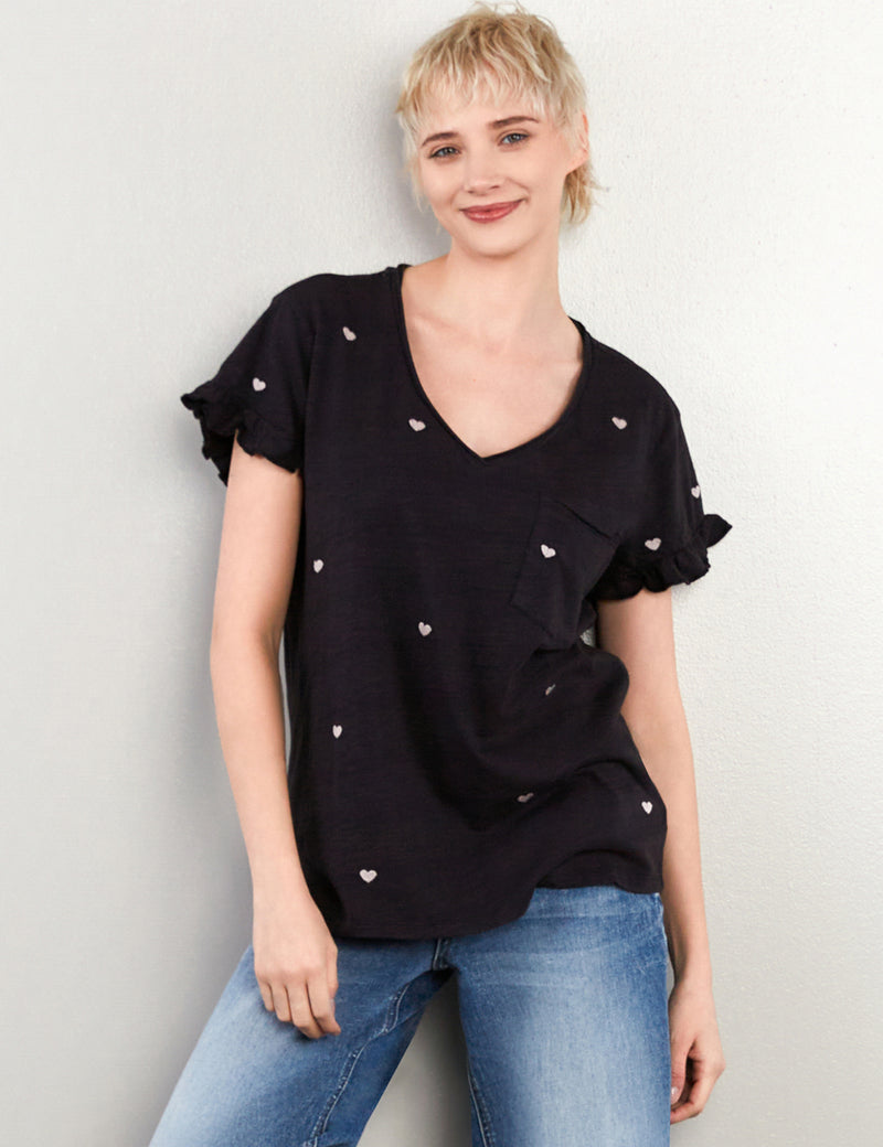 Hearts Embroidery Ruffle V Neck Tee