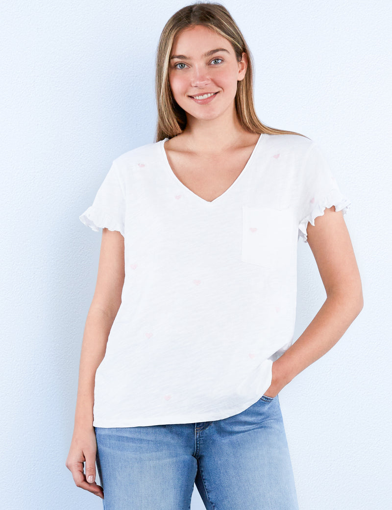 Hearts Embroidery Ruffle V Neck Tee