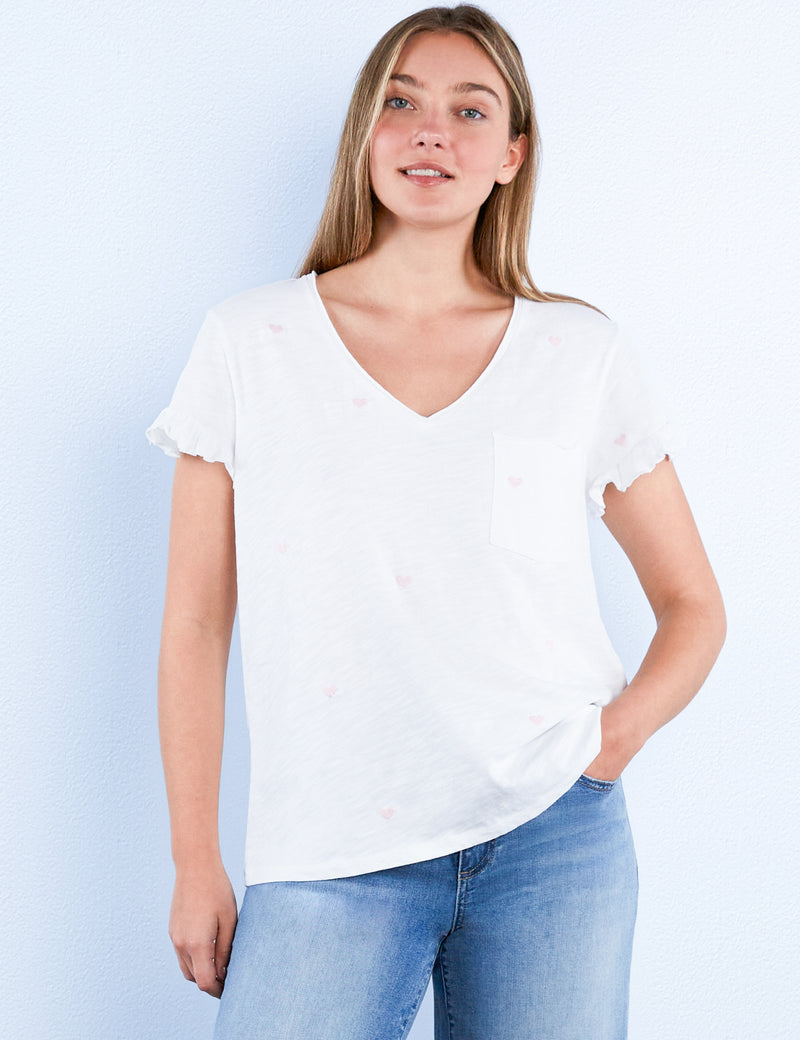 Hearts Embroidery Ruffle V Neck Tee