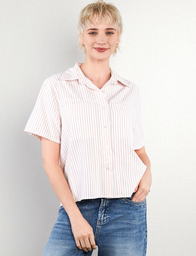 Women's Fashion Berry Pinstripes Pleated Shirt