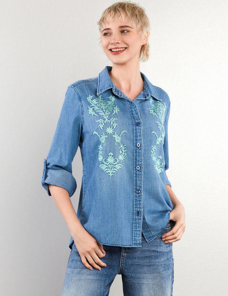 Embroidery Classic Denim Button Up Shirt