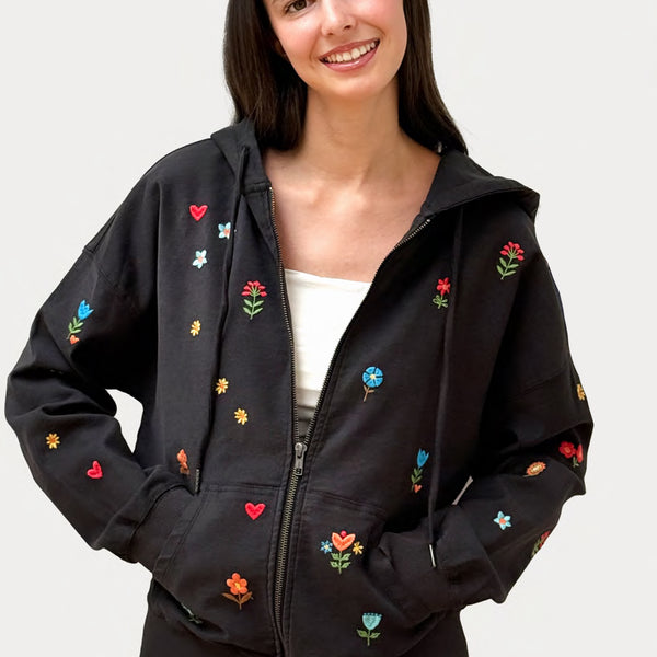 Flower Patch Floral Embroidery Zip Hoodie – Billy T – billytshop