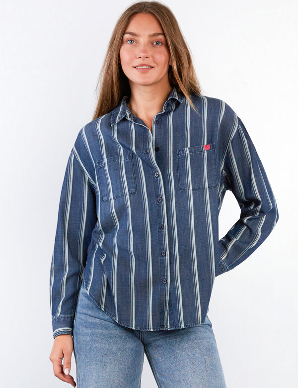 Women's Fashion Indigo Cabana Str Worry-free Ruffle Shirt
