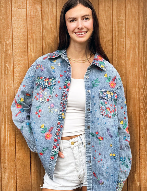 Women's Flower Garden Embroidered Versatile Shirt Jacket – Billy T