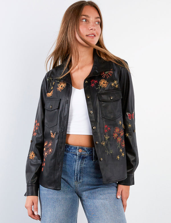 Women's Fashion Black Happy Garden Vegan Leather Shirt