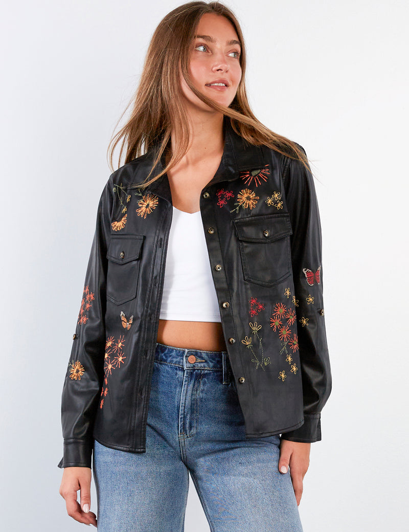 Women's Fashion Black Happy Garden Vegan Leather Shirt