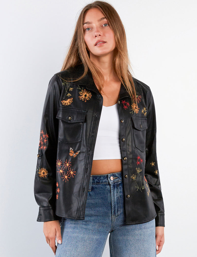 Women's Fashion Black Happy Garden Vegan Leather Shirt