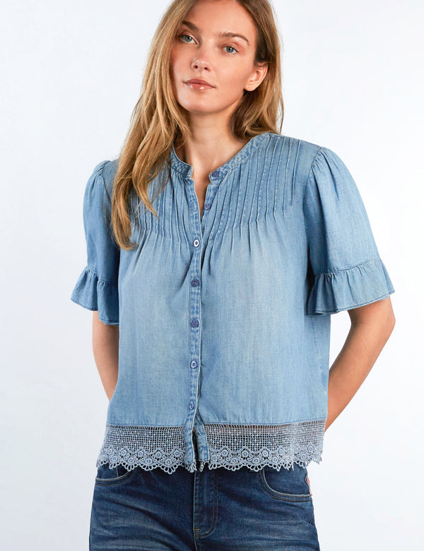Women's Cafe Pleats Top Puff Sleeve Lace Hem Pleated Top – Billy T