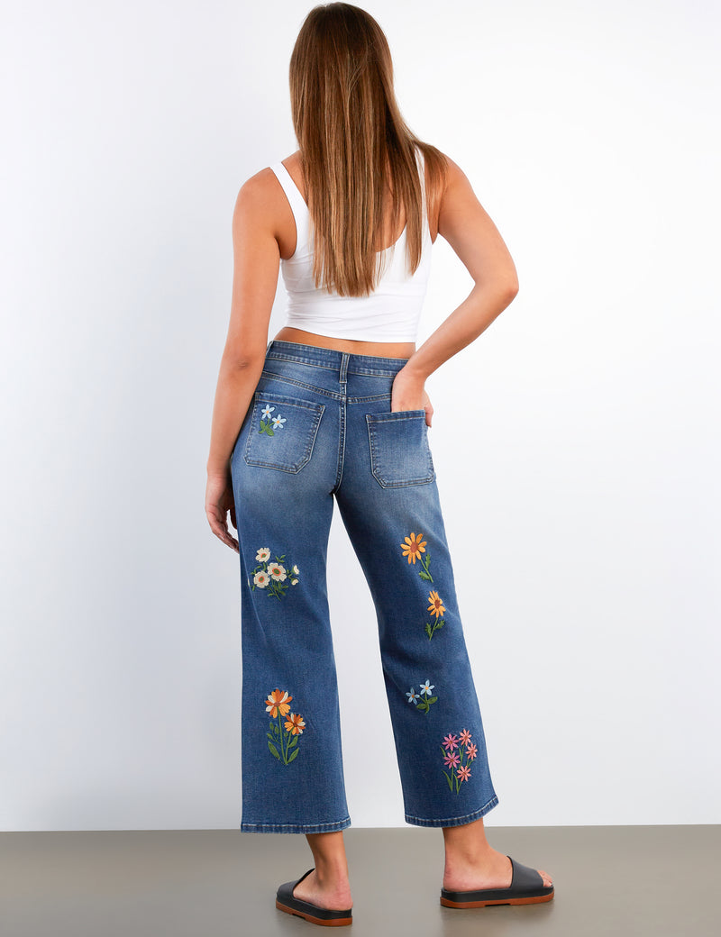 Women's Floral Embroidered Boyfriend Capri Cut Jeans - Billy T