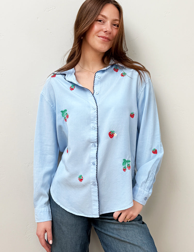 Women's Strawberry Kisses Embroidered Blue Shirt – billytshop