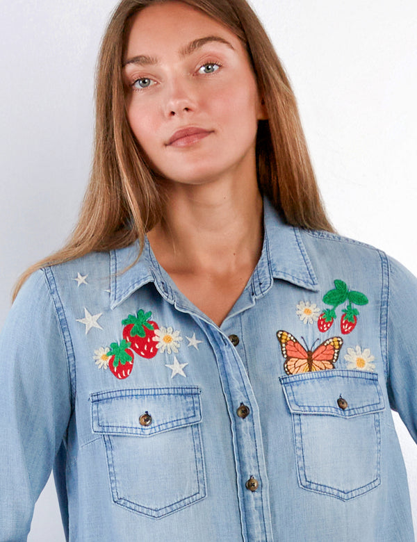 Women's Daydream Butterfly Embroidered Utility Blue Shirt - Billy