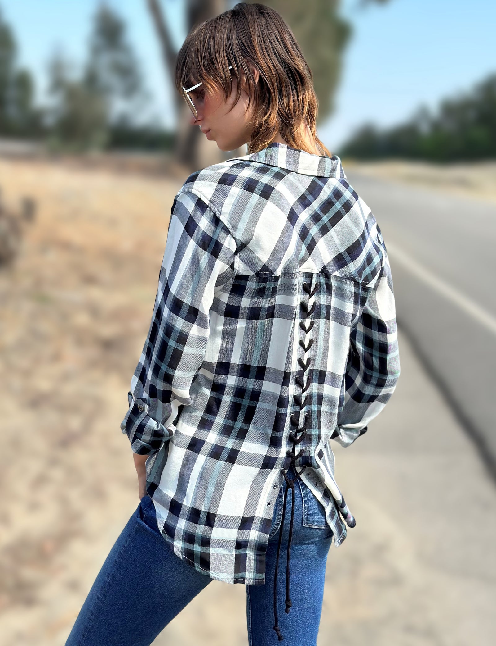 Plaid Lace Up Back Tank Top Check Lace Up Back High Neck Top