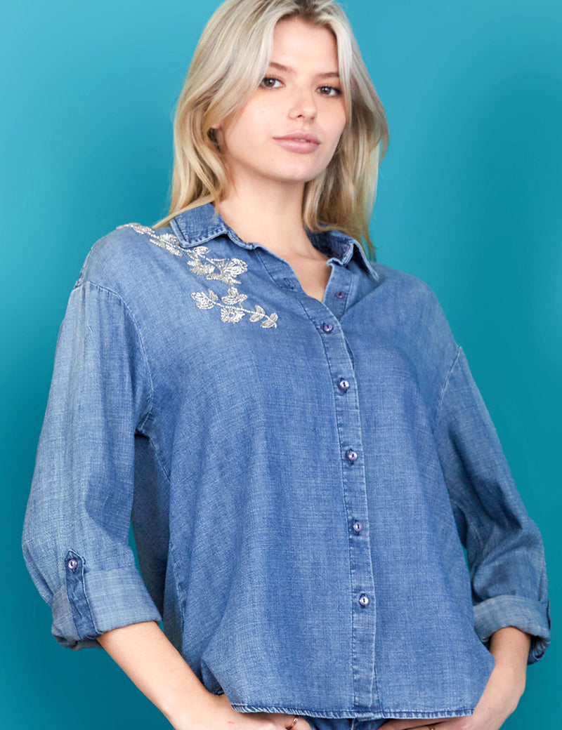 Women's Designer Brand Floral Beaded Denim Button Down Side View