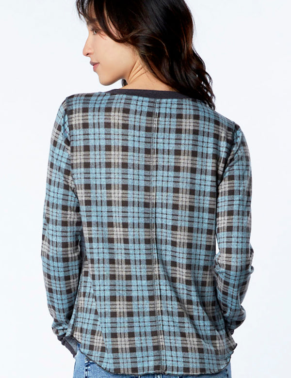 Women's Fashion Brand Plaid Sweater Knit Henley Long Sleeve Tee