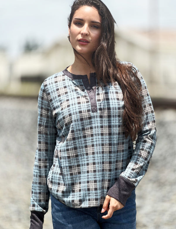 Women's Fashion Brand Plaid Sweater Knit Henley Long Sleeve Tee