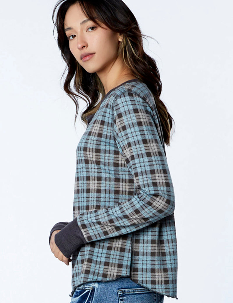 Women's Fashion Brand Plaid Sweater Knit Henley Long Sleeve Tee