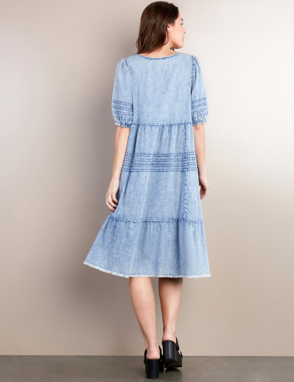 Women's Fashion Brand Pleated Detail Denim Dress