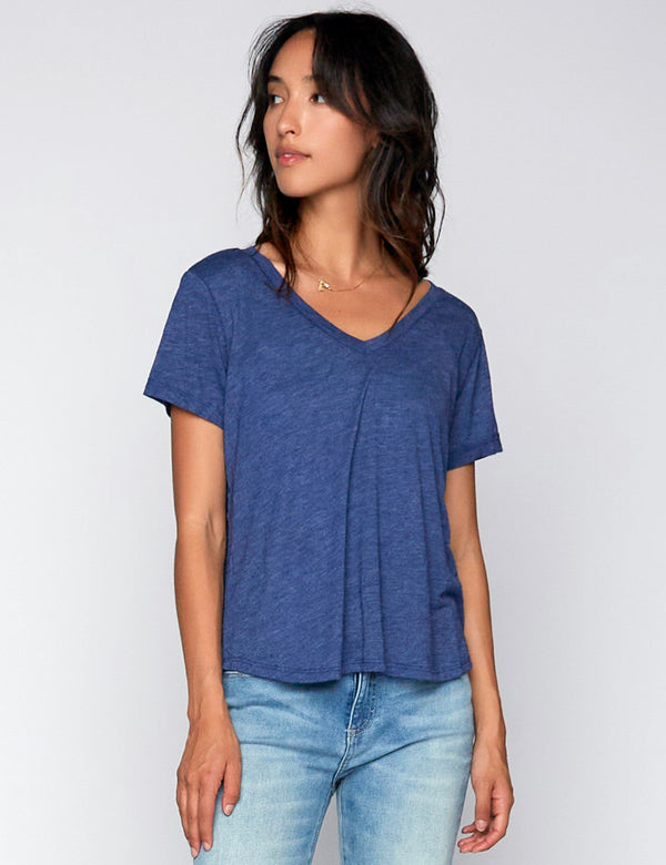 High-End Women's Fashion Brand Navy Slub V-Neck Tee