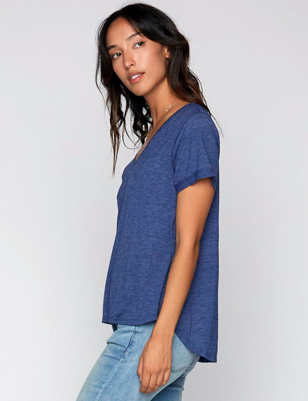 High-End Women's Fashion Brand Navy Slub V-Neck Tee