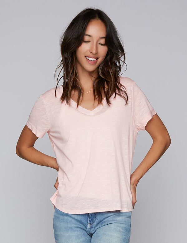 High-End Women's Fashion Brand Pink Slub V-Neck Tee