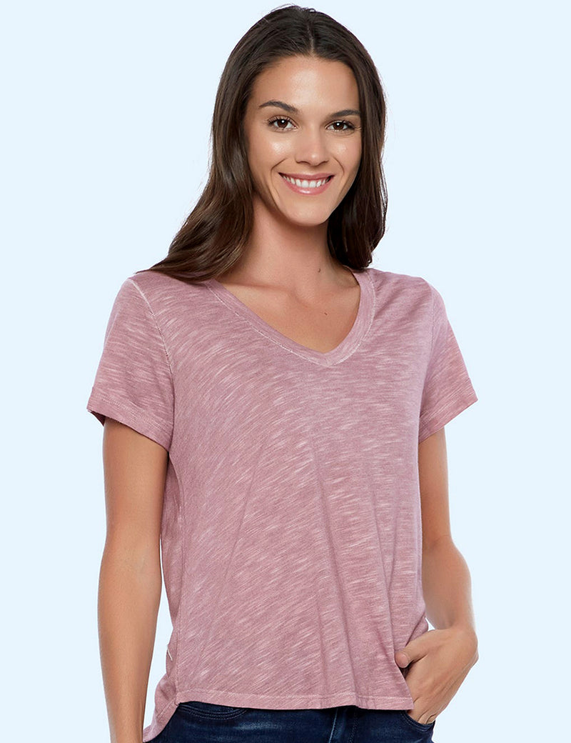 High-End Women's Fashion Brand Slub V-Neck Tee in Mauve