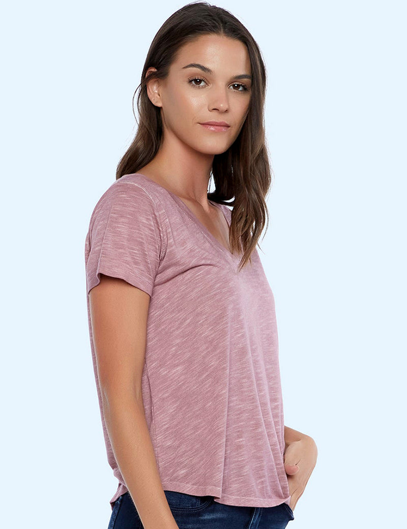 High-End Women's Fashion Brand Slub V-Neck Tee in Mauve