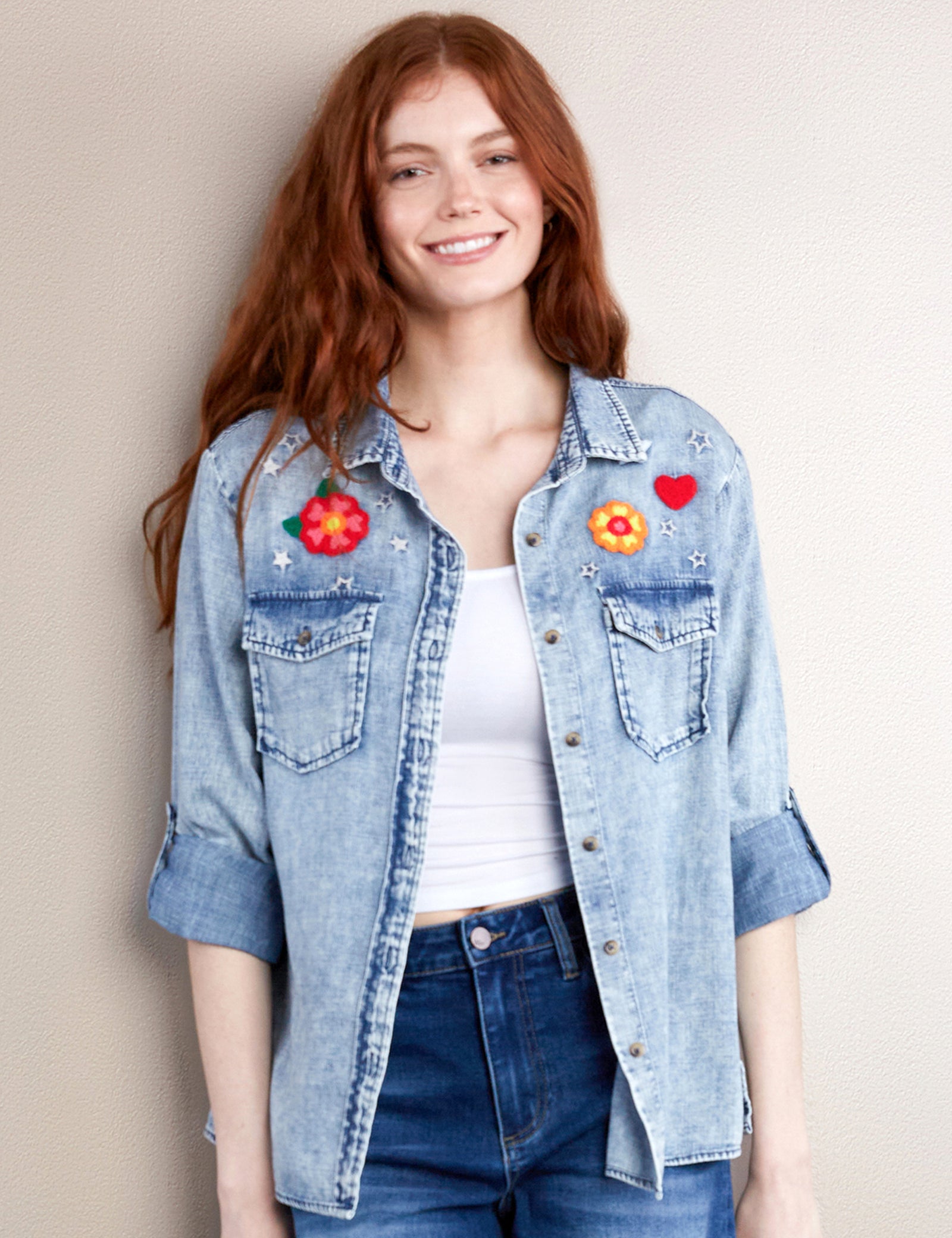 トップス Bowling Shirt - Bird Embroidery Denim Bowling Shirt