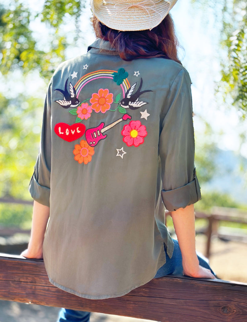 Women's Designer Birds of a Feather Embroidered Shirt in Soft Olive