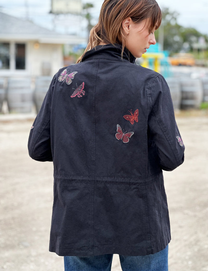 Women's Fashion Brand Black Anorak Jacket with Butterfly Embroidery