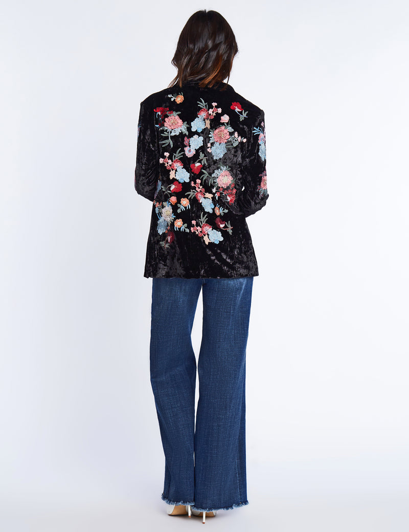 Women's Fashion Brand Floral Embroidery Black Velvet Blazer