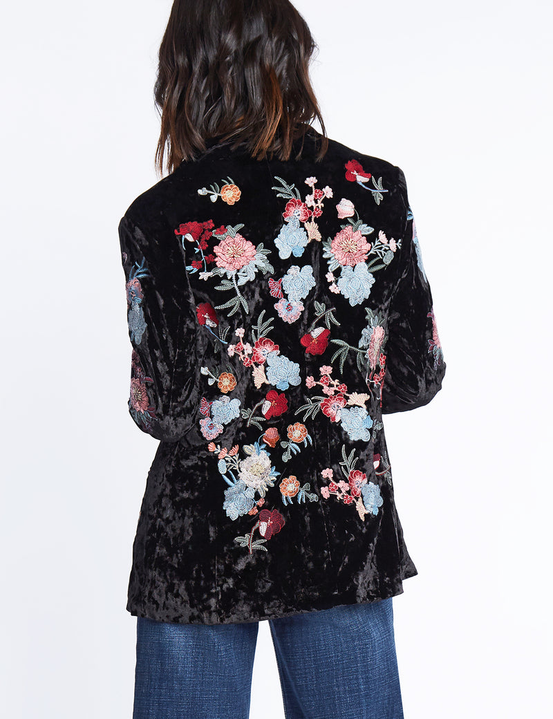 Women's Fashion Brand Floral Embroidery Black Velvet Blazer