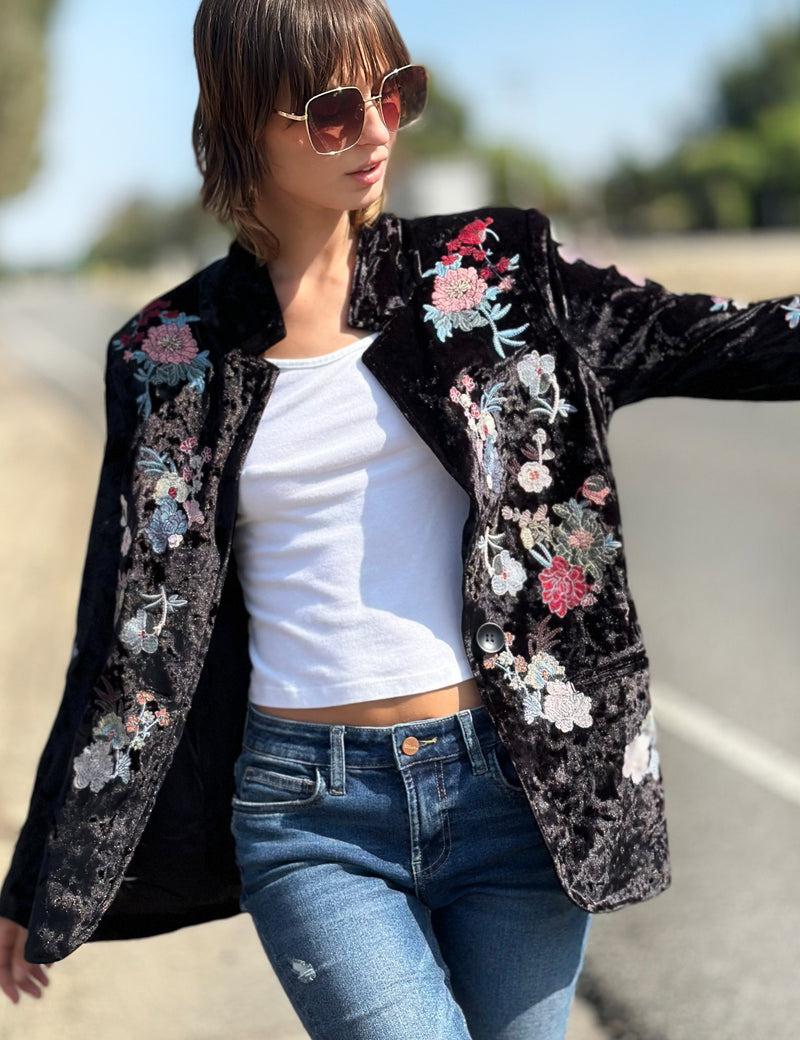 Women's Fashion Brand Floral Embroidery Black Velvet Blazer