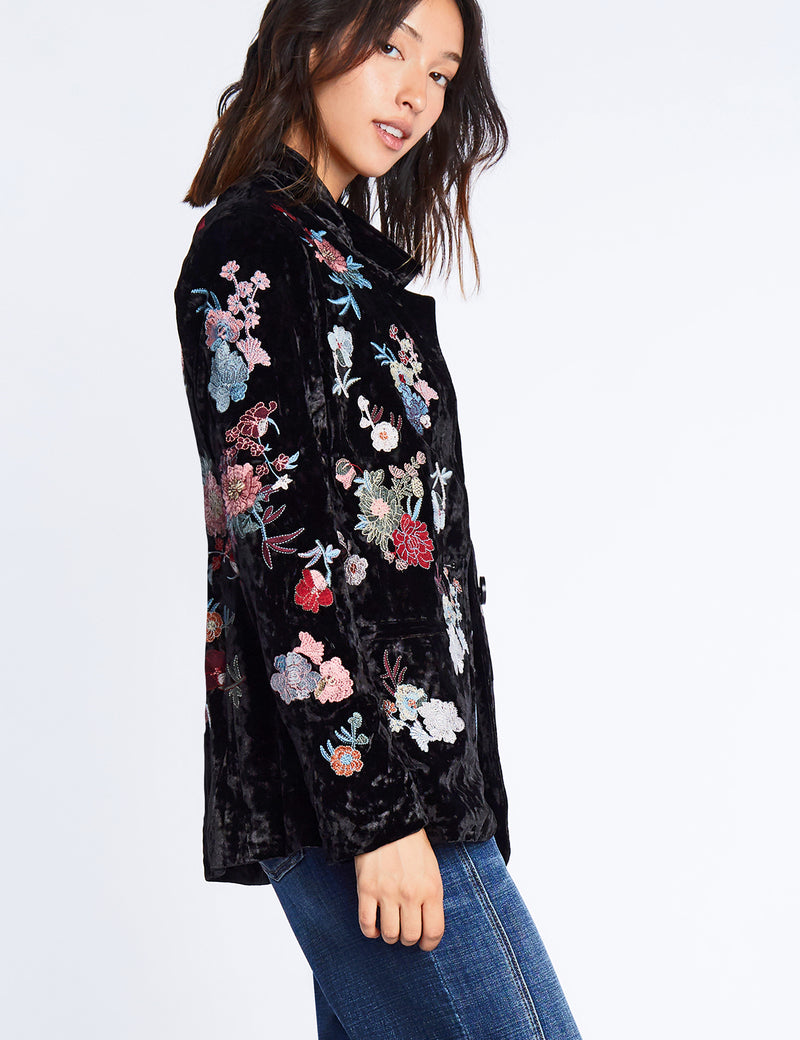 Women's Fashion Brand Floral Embroidery Black Velvet Blazer