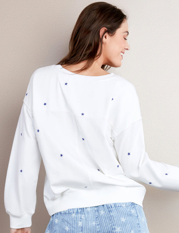 Women's Designer White Sweatshirt with Blue Star Embroidery