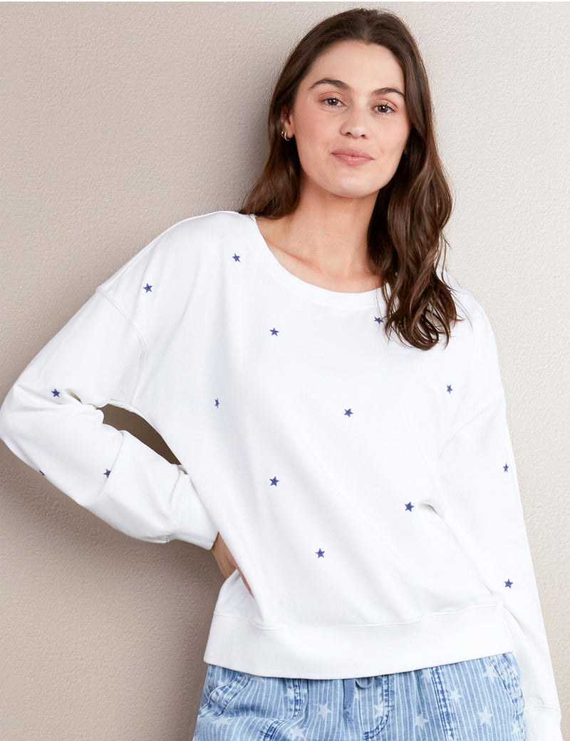 Women's Designer White Sweatshirt with Blue Star Embroidery