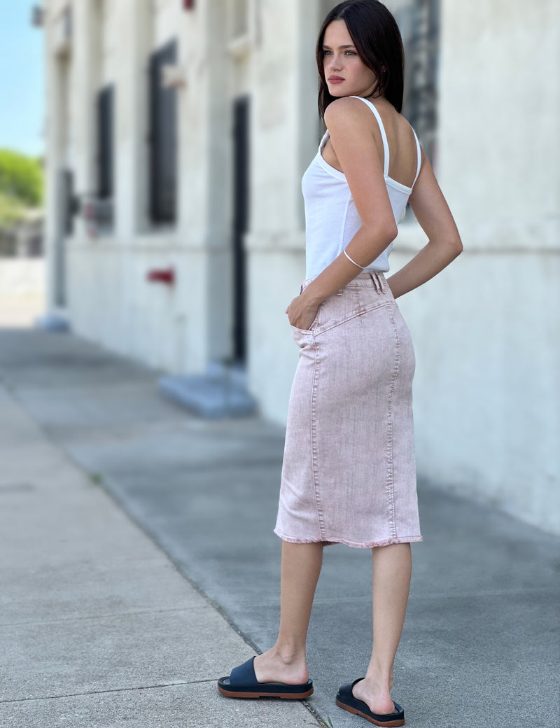 Women's Fashion Brand Asymmetrical Button Front Pink Denim Skirt