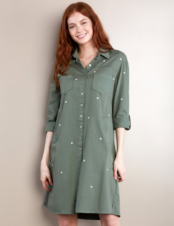 Women's Fashion Brand Army Green Star Embroidered Dress