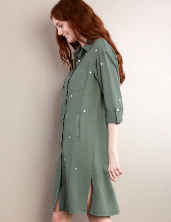 Women's Fashion Brand Army Green Star Embroidered Dress