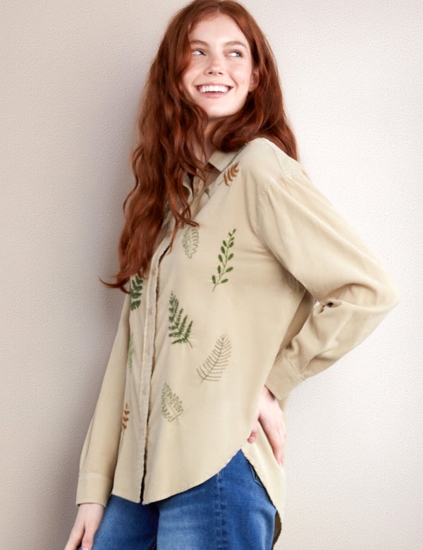 Women's Fashion Brand Botanical Embroidered Corduroy Shirt