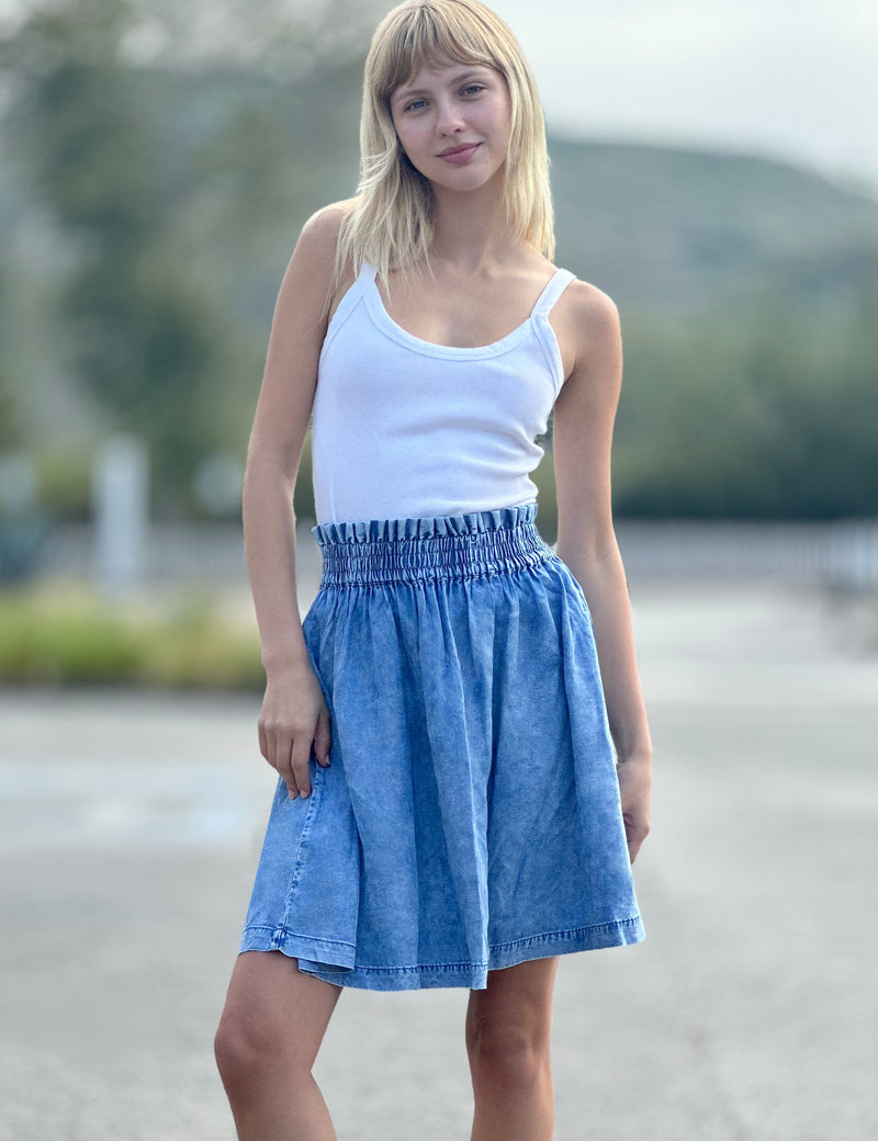 Women's Smocked Waist Soft Denim Mini Skirt