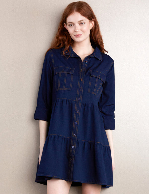 Women's Fashion Brand Indigo Denim Tiered Mini Dress