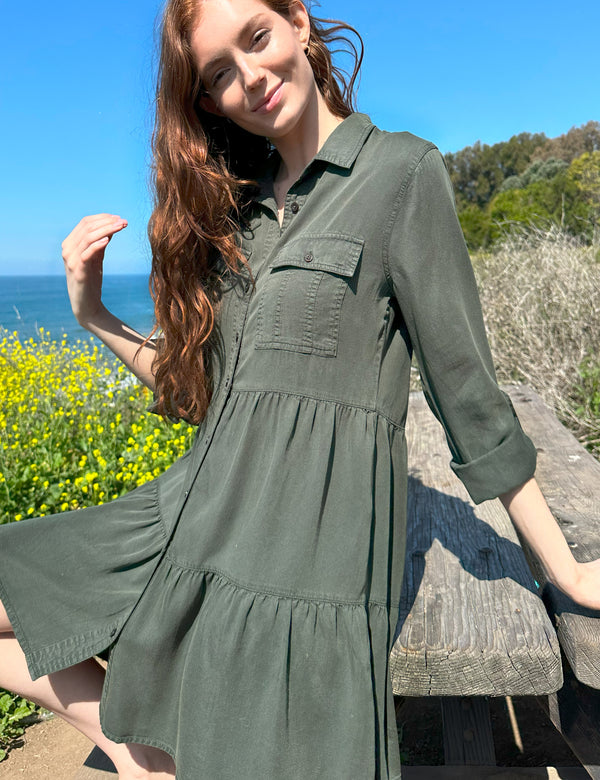 Women's Fashion Brand Olive Green Tiered Mini Dress