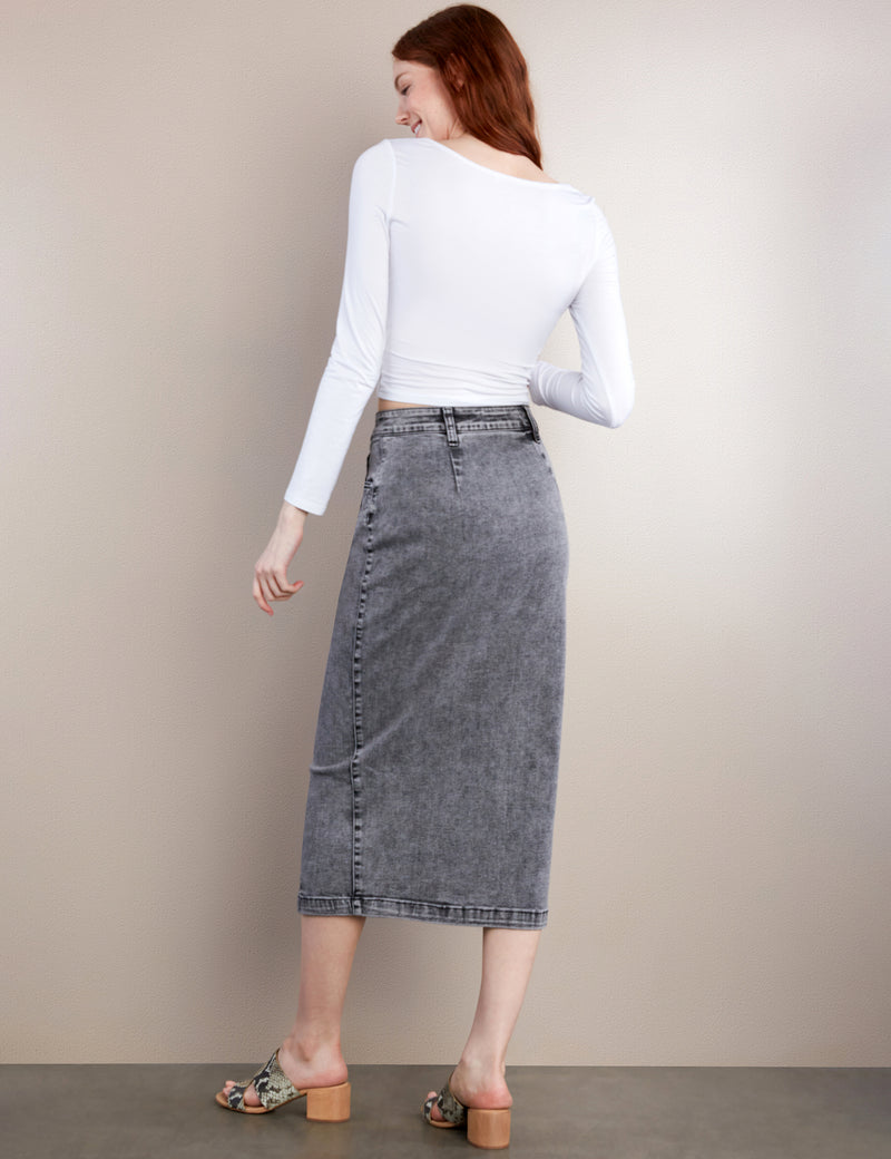 Women's Fashion Brand Black Diamond Wash Button Front Midi Pencil Skirt